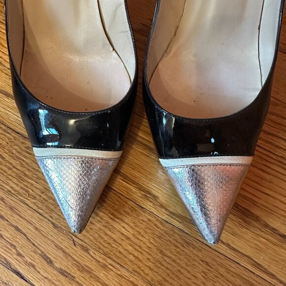 Jimmy Choo Bahama Pumps, Black Patent w/ Silver and Cream - Picture 2 of 7